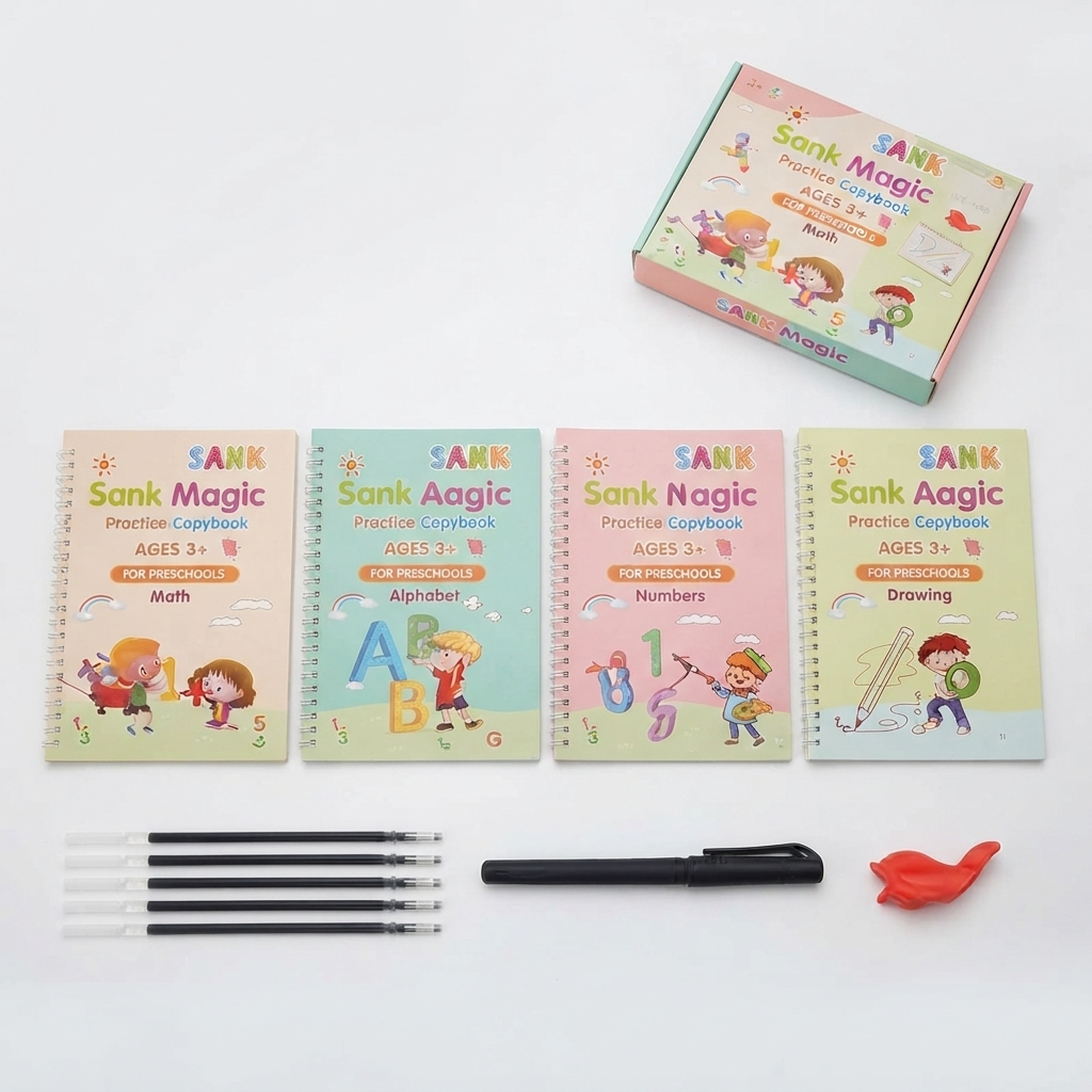 Magic Practice Copybook Set for Kids – Reusable Handwriting Workbook with Pen, Grip & Refills