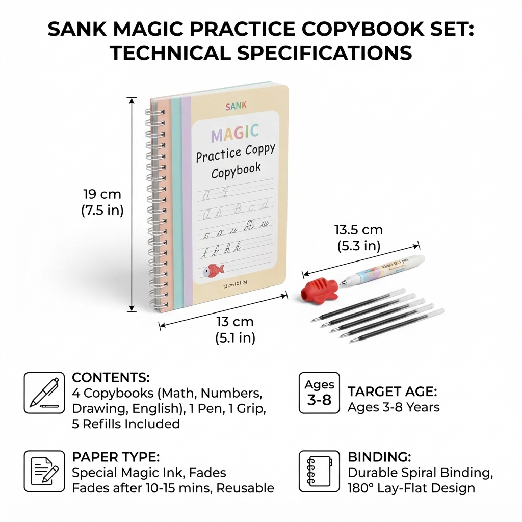 Magic Practice Copybook Set for Kids – Reusable Handwriting Workbook with Pen, Grip & Refills