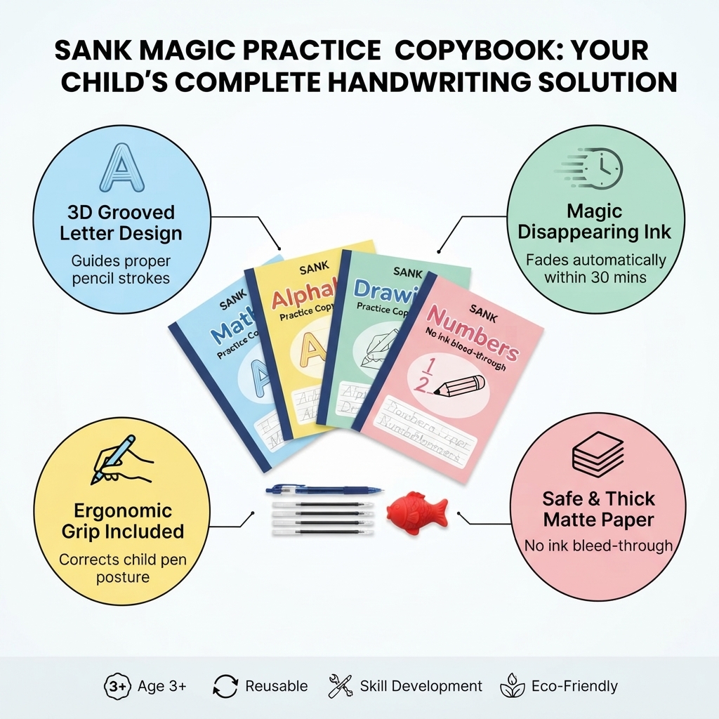 Magic Practice Copybook Set for Kids – Reusable Handwriting Workbook with Pen, Grip & Refills